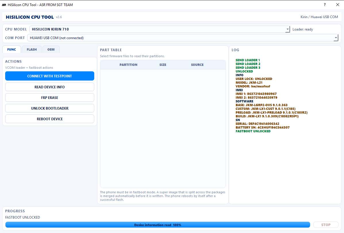 HiSilicon Kirin 710 unlocked from VCOM testpoint, device info read and FASTBOOT UNLOCKED in ASR FROM SGT TEAM v2.6
