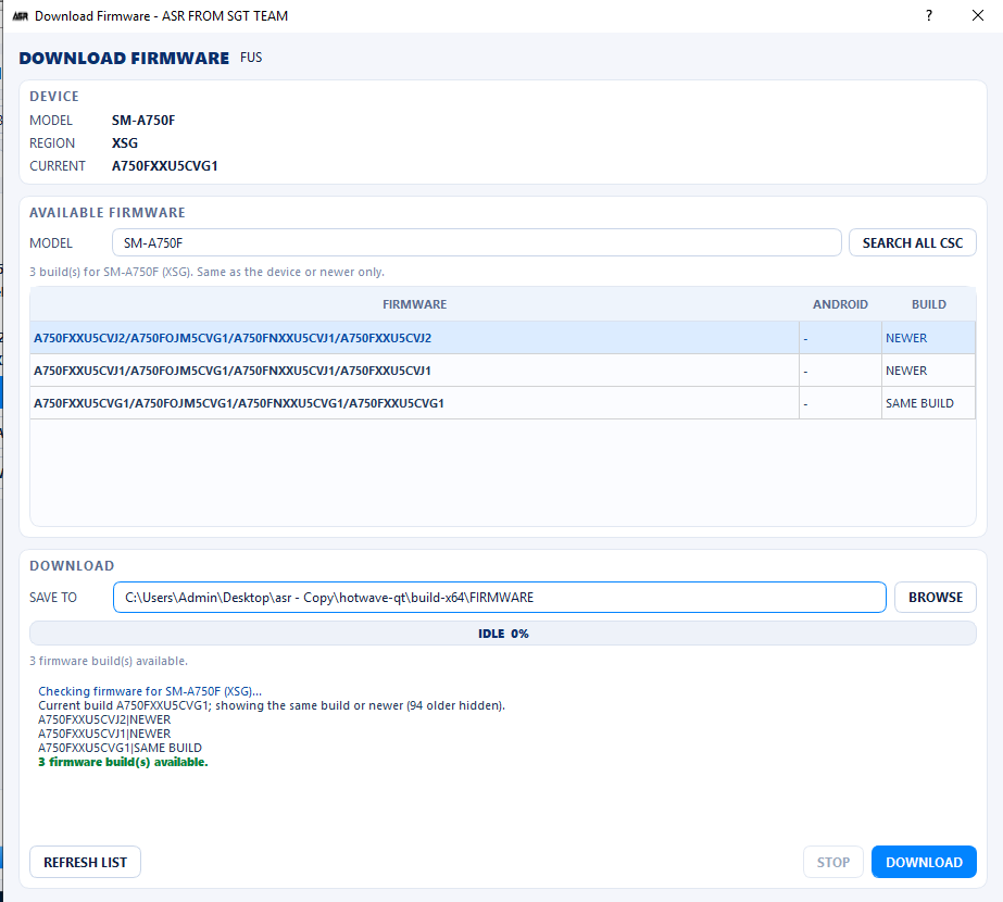 Samsung firmware list from the server in ASR FROM SGT TEAM v2.7