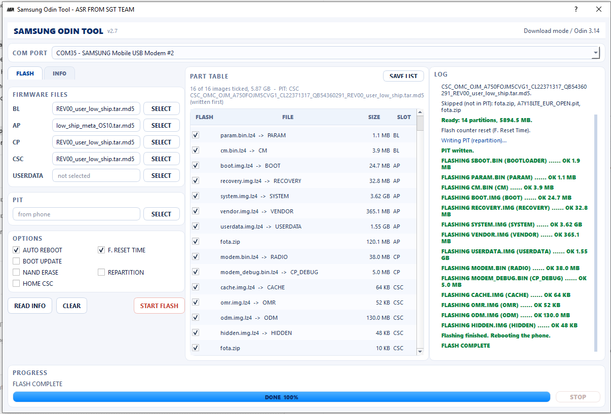 Samsung SM-A750F full firmware flash finished with every partition OK in ASR FROM SGT TEAM v2.7
