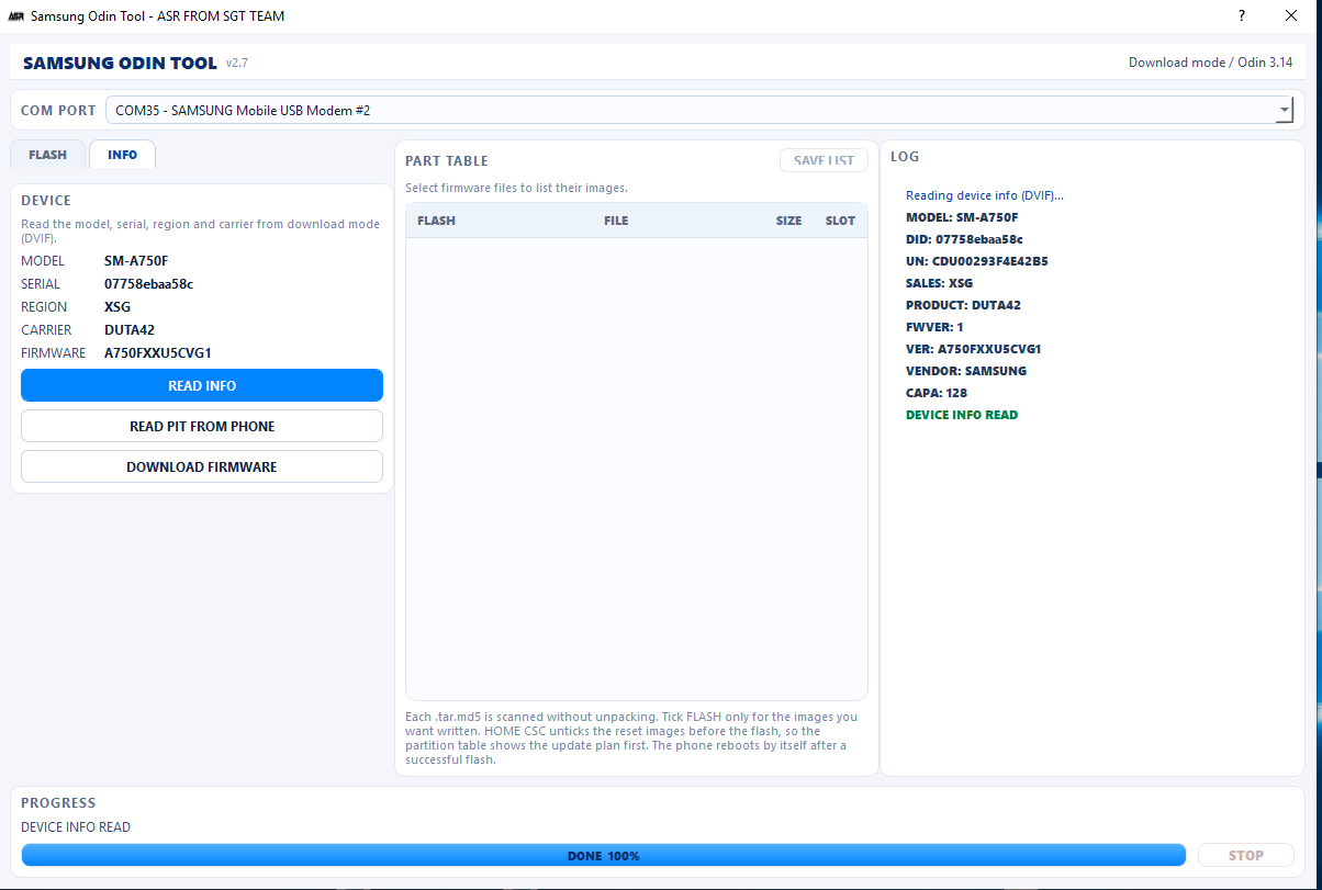 Samsung SM-A750F device info read over DVIF in download mode in ASR FROM SGT TEAM v2.7