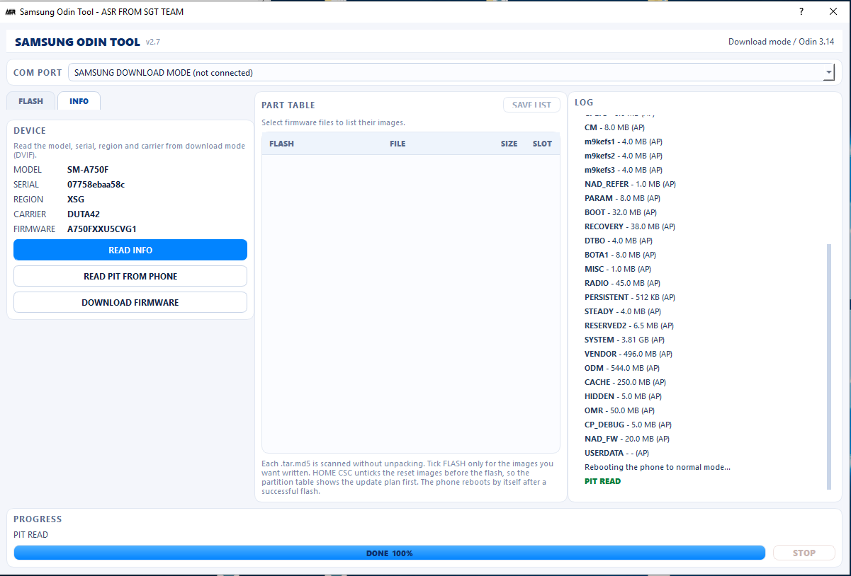 Samsung PIT read from the phone with the full partition list in ASR FROM SGT TEAM v2.7